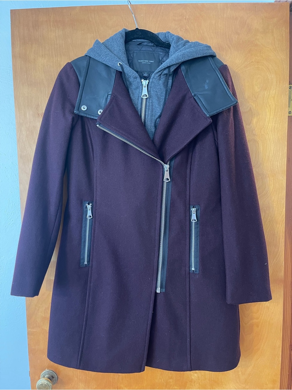 Marc New York Burgundy Wool-Blend Trench Coat with Removable Gray Hood